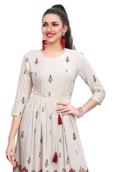 Cream Frock Style Buti Print Kurti with Dori Belt